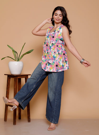 Women's Rayon Multicolor Floral Sleeveless V Neck Casual Top