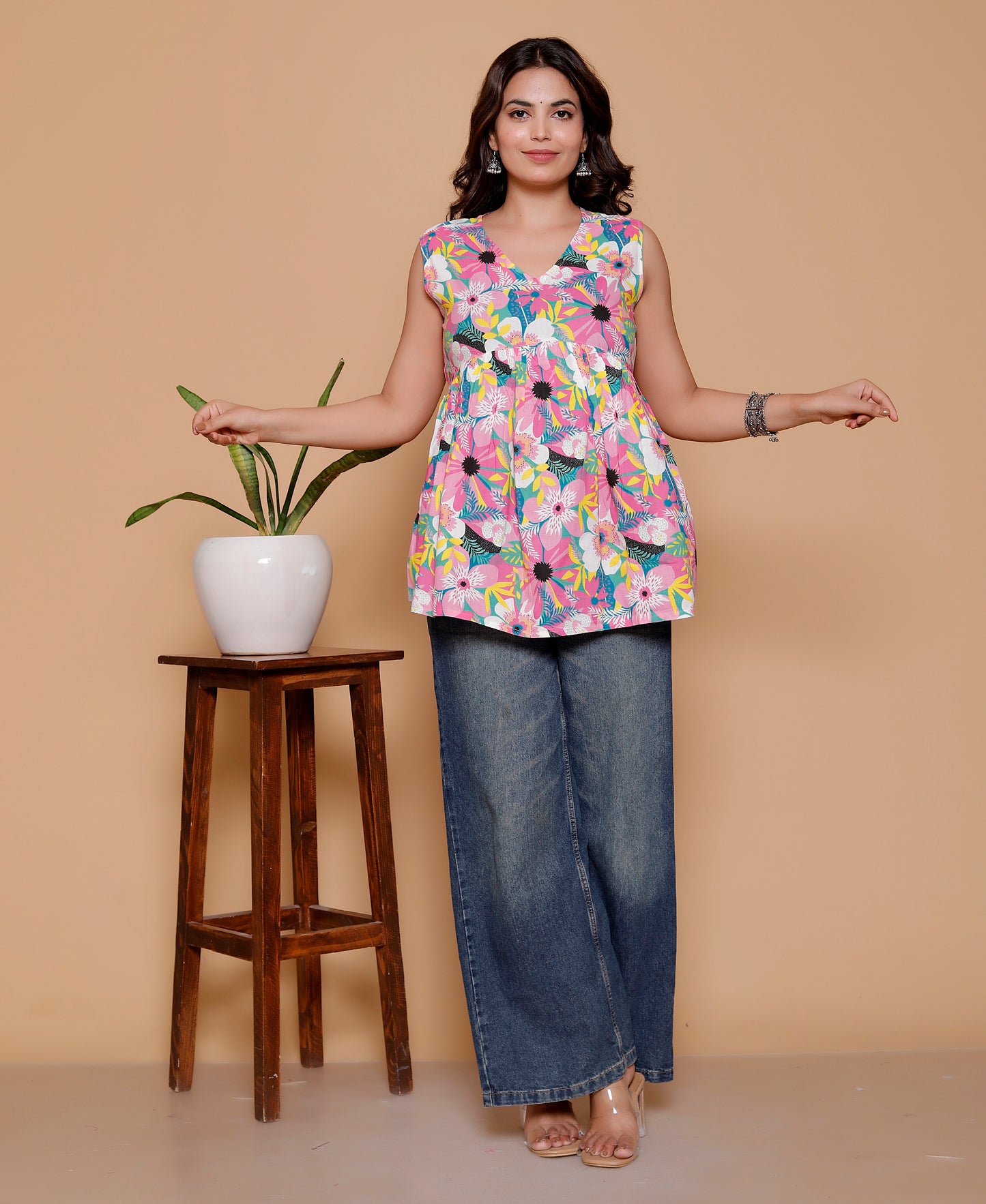 Women's Rayon Multicolor Floral Sleeveless V Neck Casual Top
