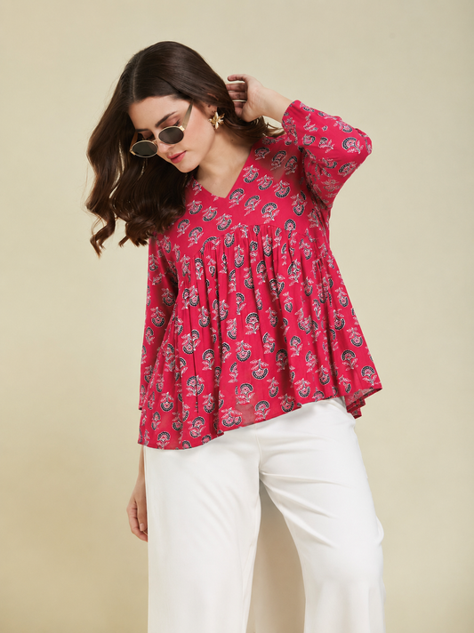Kuku Red Booti Handprinted Top