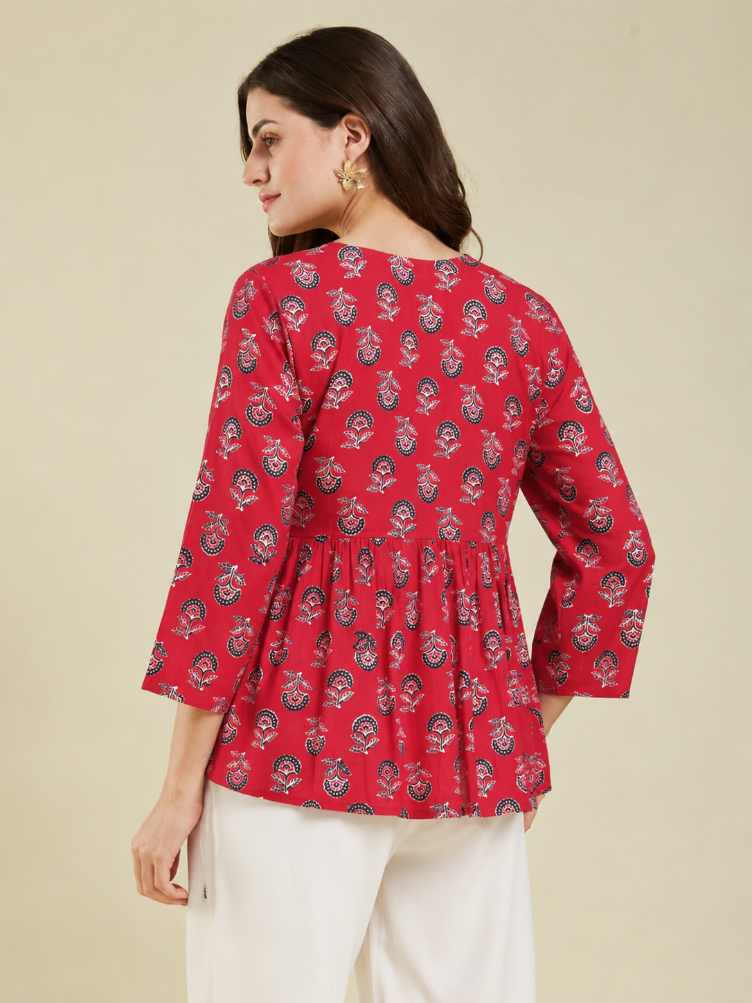 Kuku Red Booti Handprinted Top