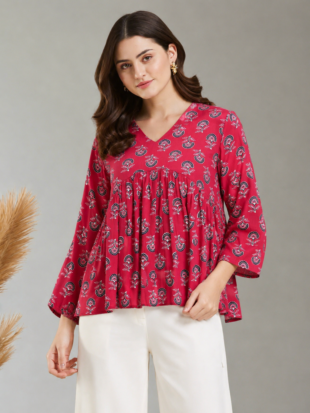 Kuku Red Booti Handprinted Top