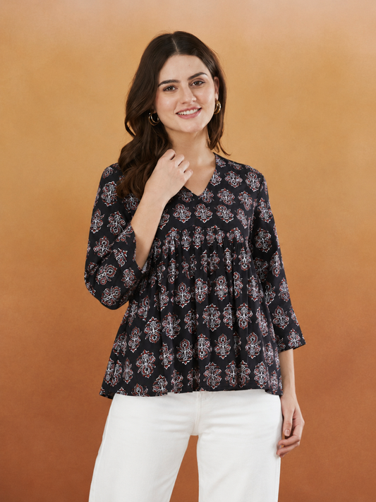 Gracias Garcia Black Booti Handprinted Top