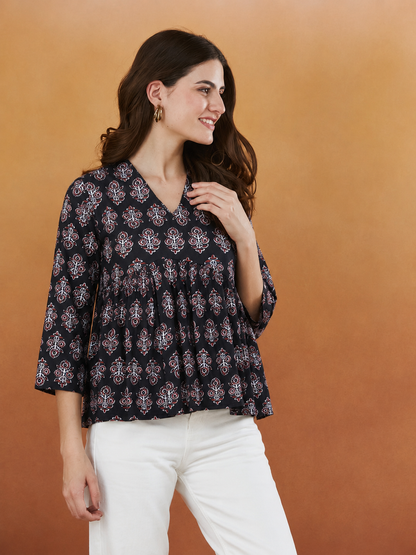 Gracias Garcia Black Booti Handprinted Top