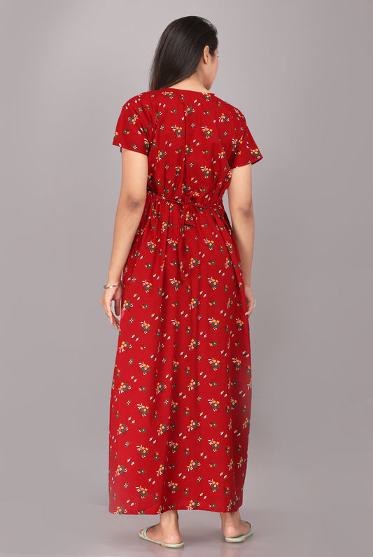 Red Printed Embroidered Jaipuri NIghtdress