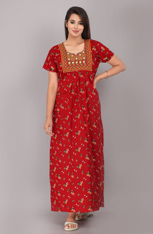 Red Printed Embroidered Jaipuri NIghtdress