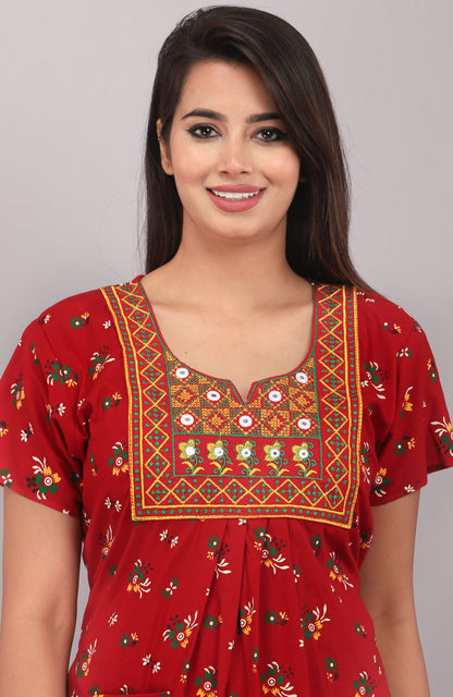 Red Printed Embroidered Jaipuri NIghtdress