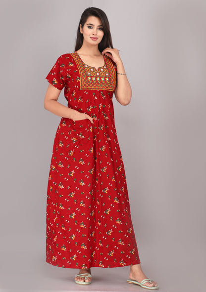 Red Printed Embroidered Jaipuri NIghtdress