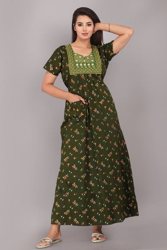 Green Printed Embroidered Jaipuri Nightdress