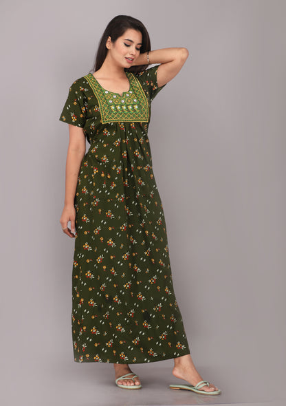 Green Printed Embroidered Jaipuri Nightdress