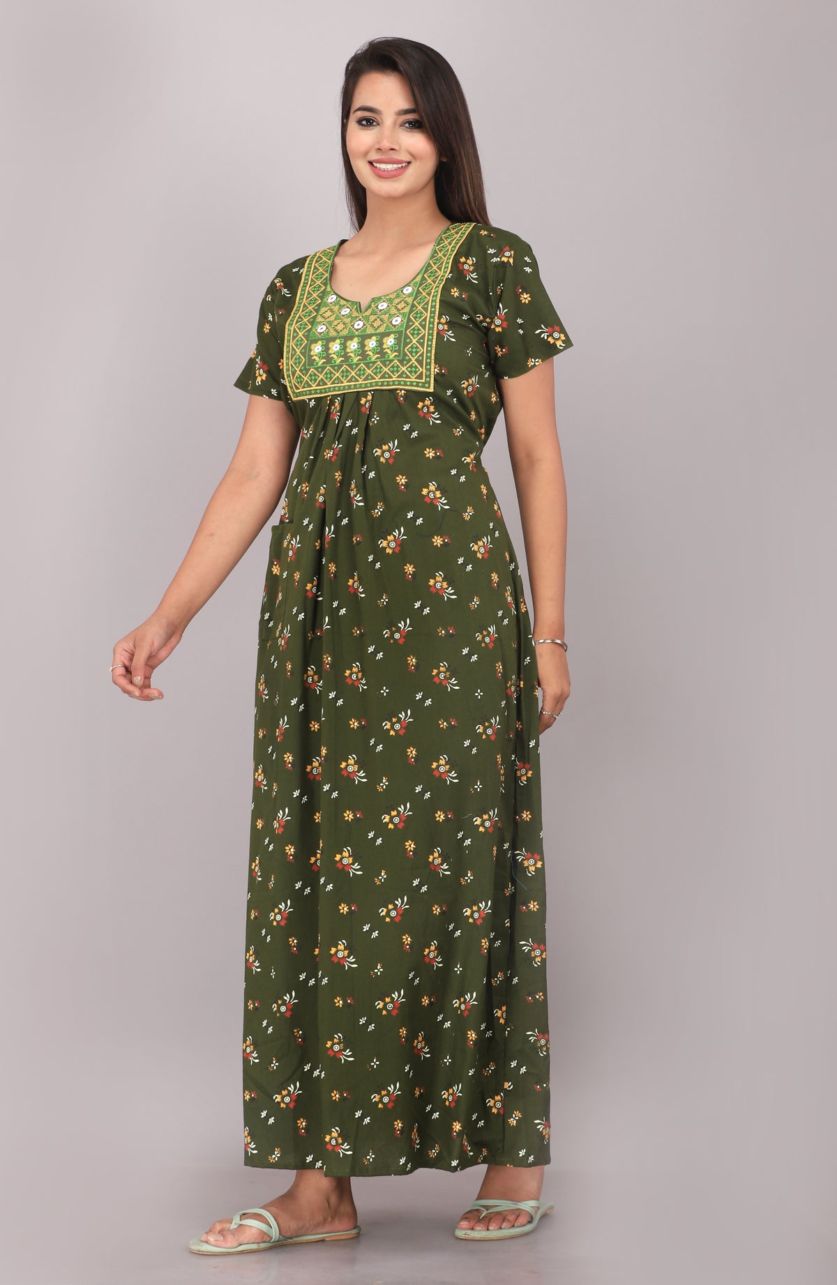 Green Printed Embroidered Jaipuri Nightdress
