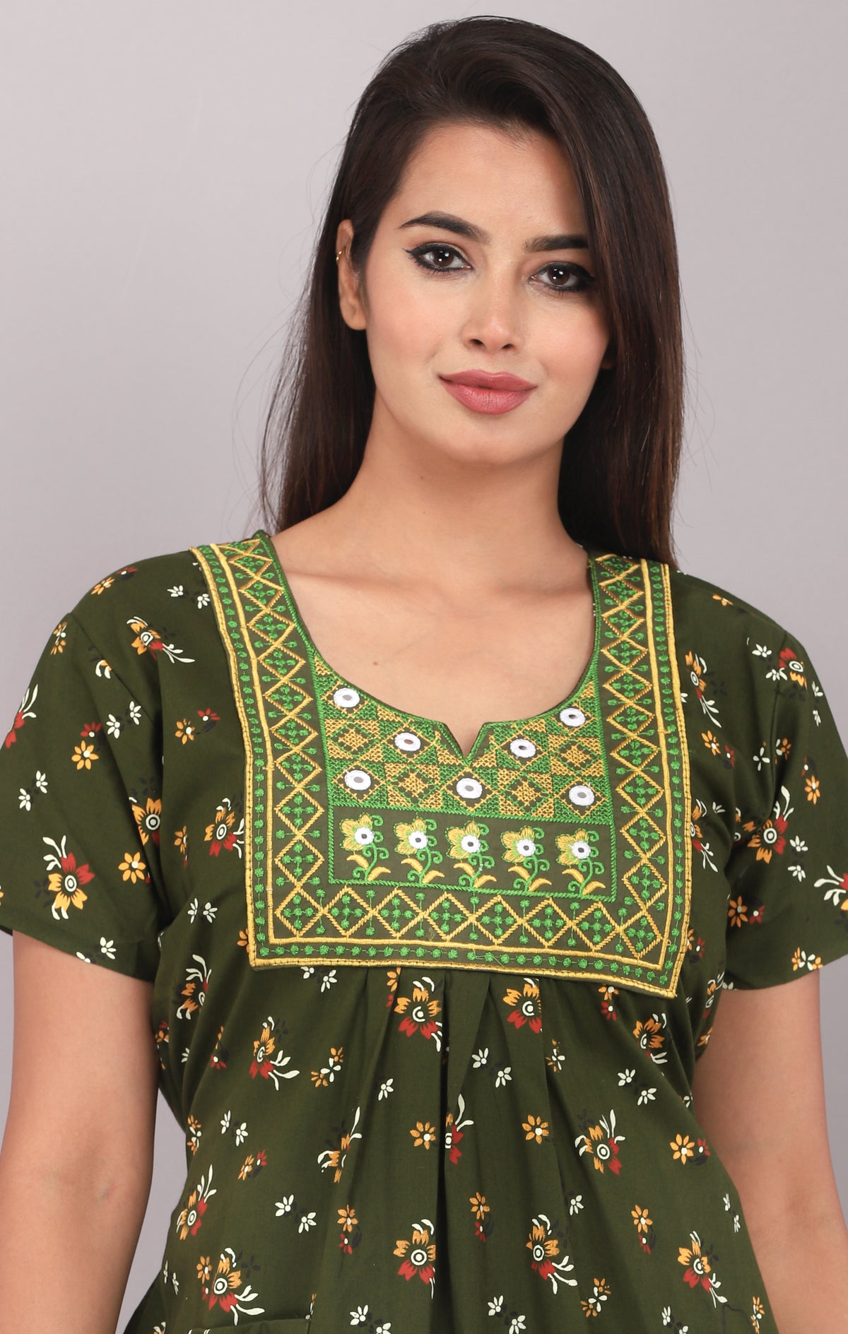 Green Printed Embroidered Jaipuri Nightdress