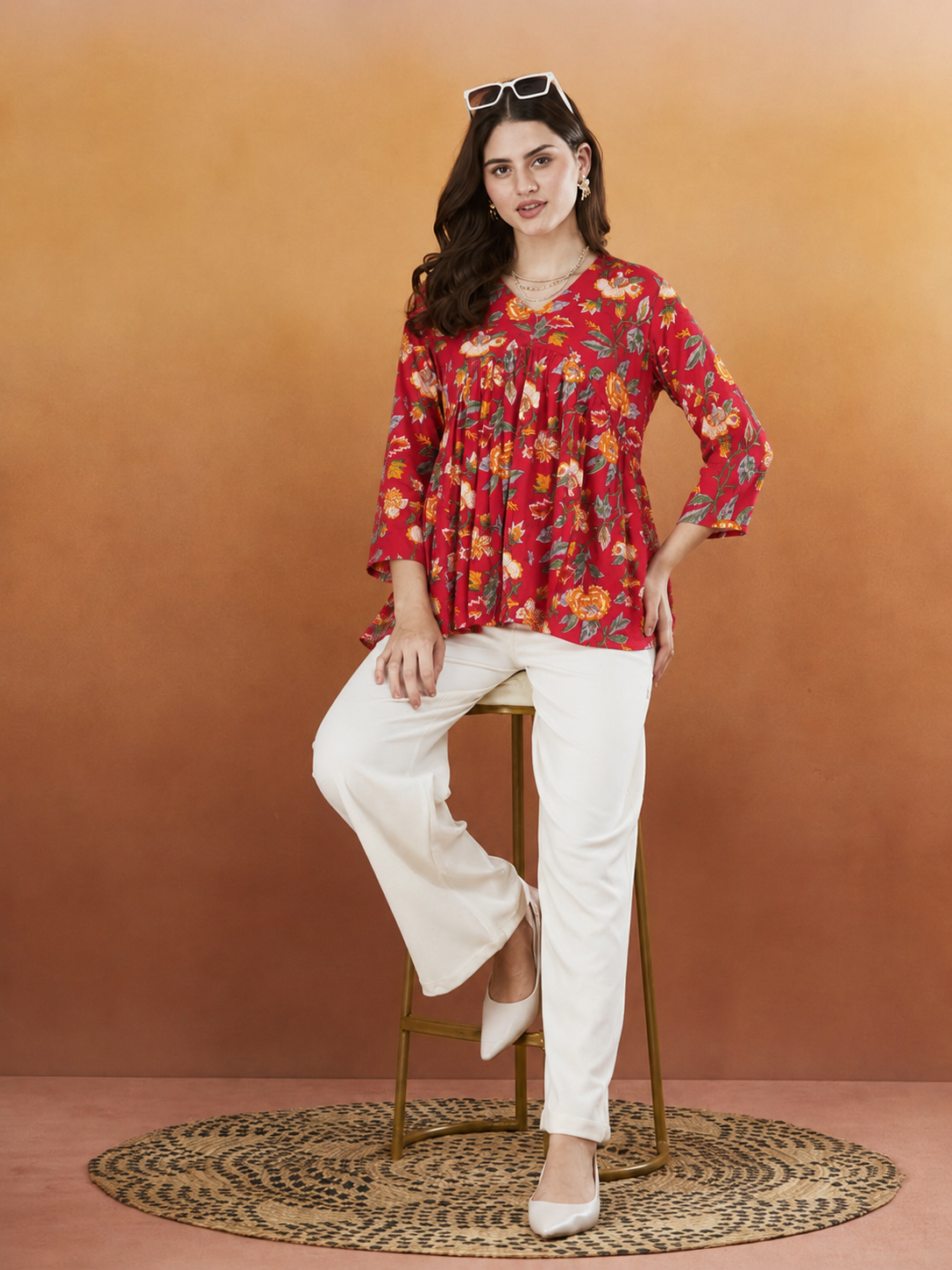 Hazel Red Floral Handprinted Top