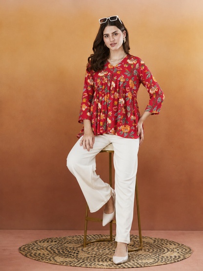 Hazel Red Floral Handprinted Top