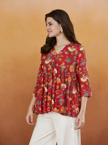 Hazel Red Floral Handprinted Top