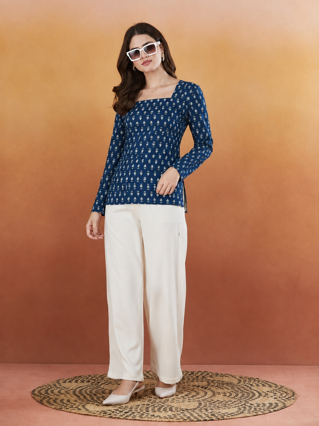 Alana Blue Rayon Designer Short Kurti