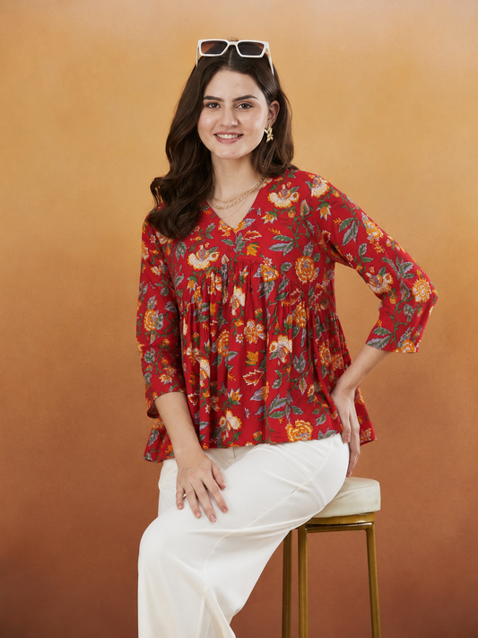 Hazel Red Floral Handprinted Top