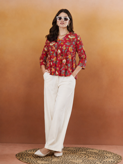 Hazel Red Floral Handprinted Top