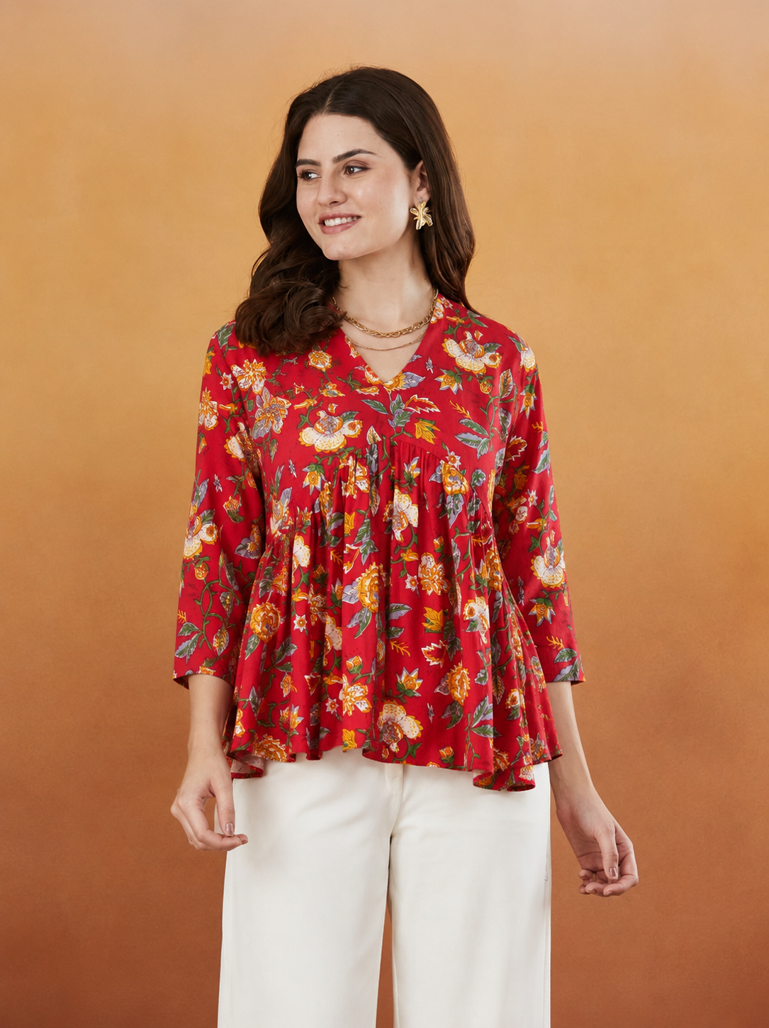 Hazel Red Floral Handprinted Top