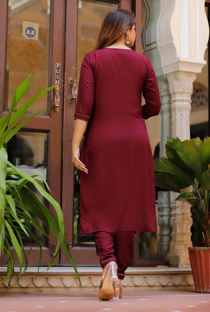 Louvre Wine 3 Piece Ethnic Kurti Set