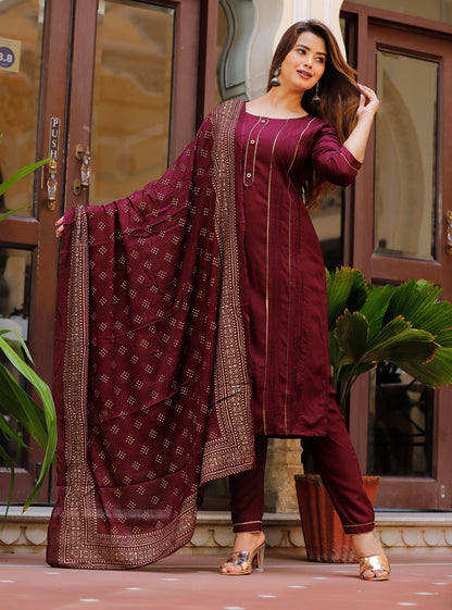 Louvre Wine 3 Piece Ethnic Kurti Set