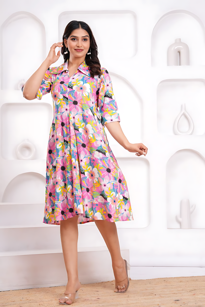 Women's Multi-Color Floral Print A-Line Cotton Midi Dress with Collar & Pockets