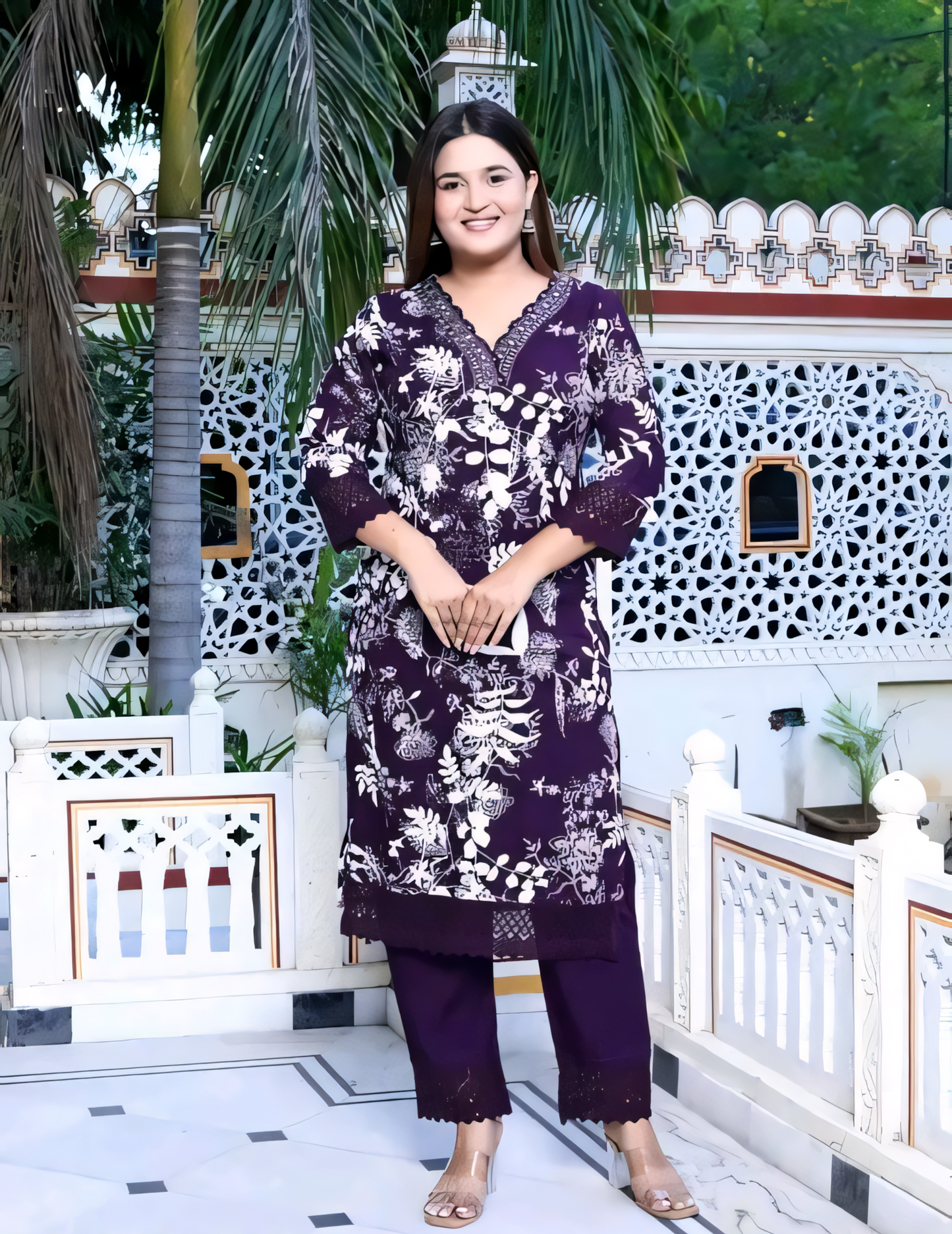 Women's Rayon Embroidered Purple Kurti & Pant Set