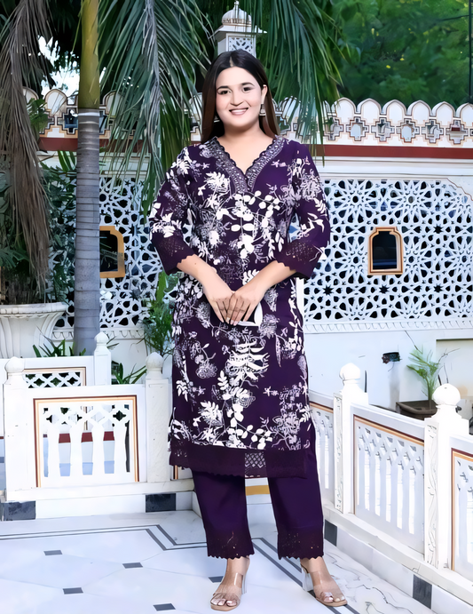 Women's Rayon Embroidered Purple Kurti & Pant Set
