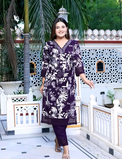Women's Rayon Embroidered Purple Kurti & Pant Set