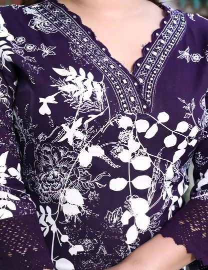 Women's Rayon Embroidered Purple Kurti & Pant Set