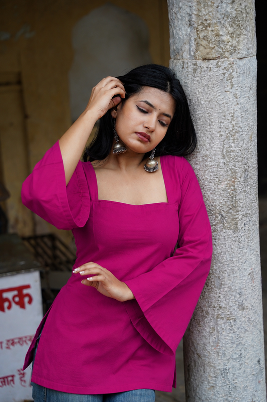 Noor X Women's Rayon Designer Trendy Squre Neck Pink Short Kurti
