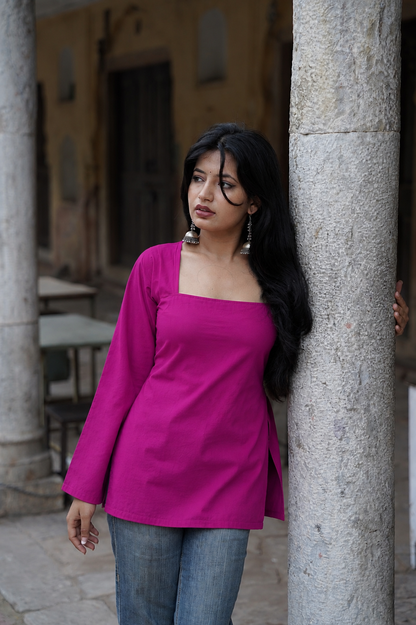 Noor X Women's Rayon Designer Trendy Squre Neck Pink Short Kurti