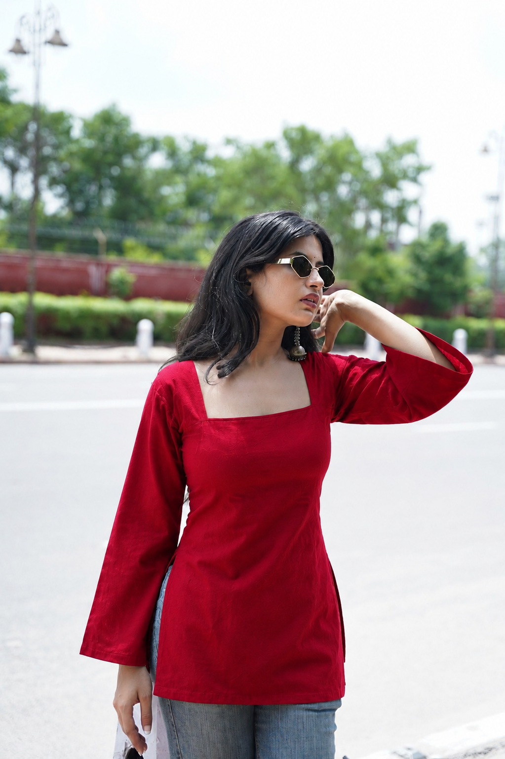 Noor X Women's Rayon Designer Trendy Squre Neck Red Short Kurti