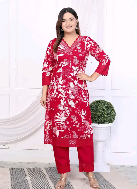 Women's Rayon Embroidered Lace Work Red Kurti & Pant Set