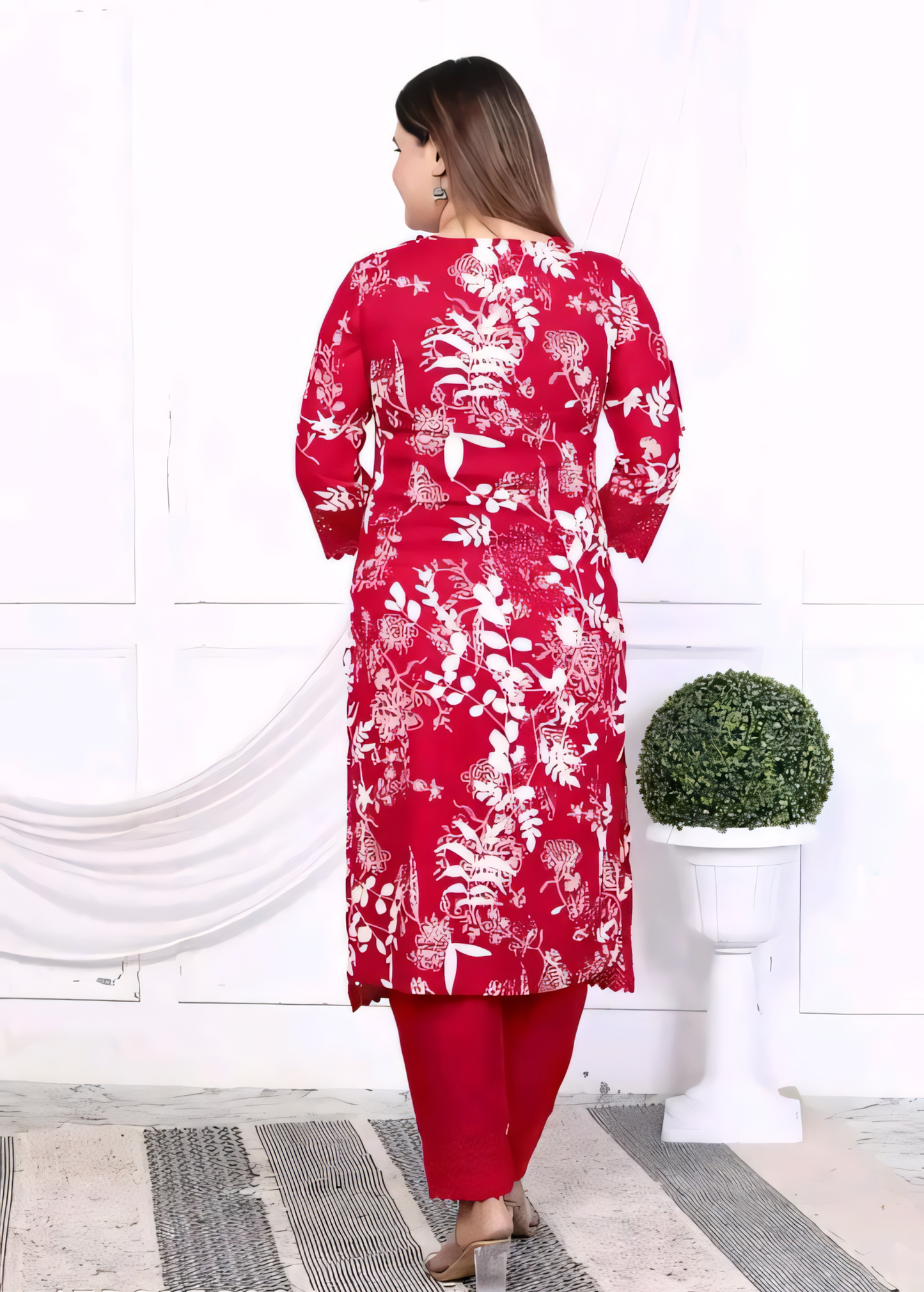 Women's Rayon Embroidered Lace Work Red Kurti & Pant Set