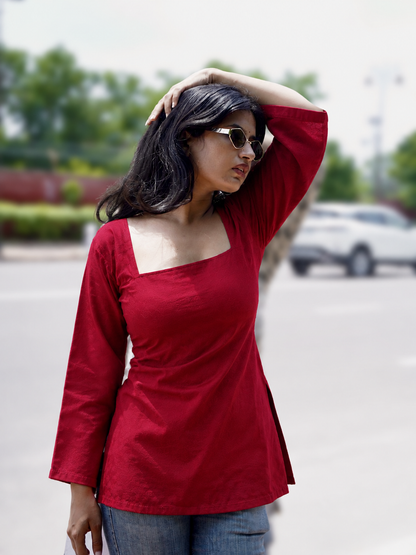 Noor X Women's Rayon Designer Trendy Squre Neck Red Short Kurti