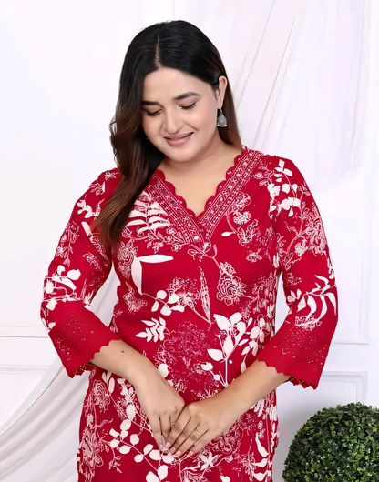 Women's Rayon Embroidered Lace Work Red Kurti & Pant Set