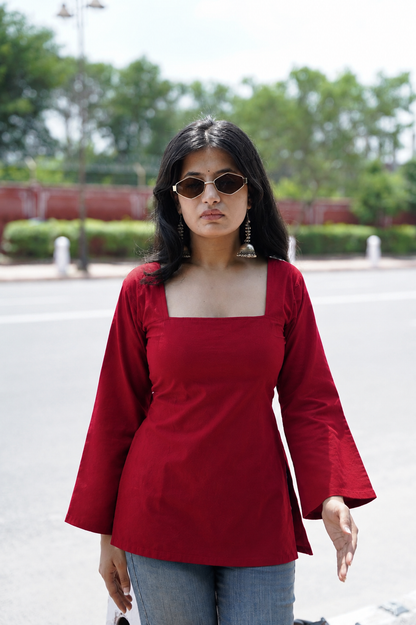 Noor X Women's Rayon Designer Trendy Squre Neck Red Short Kurti