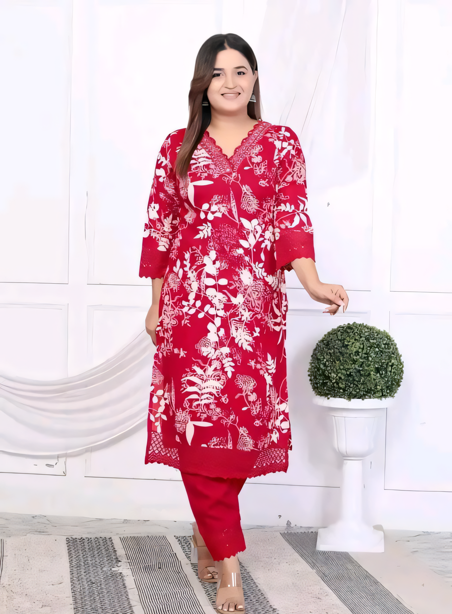 Women's Rayon Embroidered Lace Work Red Kurti & Pant Set