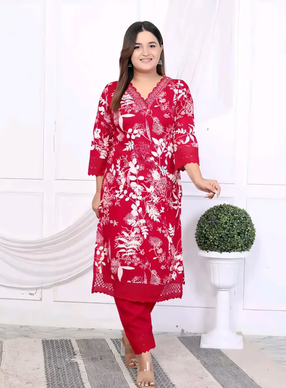 Women's Rayon Embroidered Lace Work Red Kurti & Pant Set