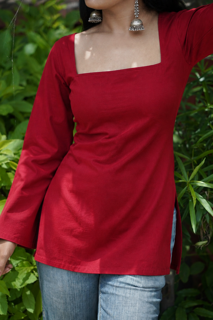Noor X Women's Rayon Designer Trendy Squre Neck Red Short Kurti