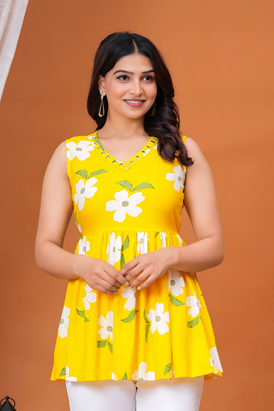 Women's Yellow Floral Sleeveless V Neck Casual Top
