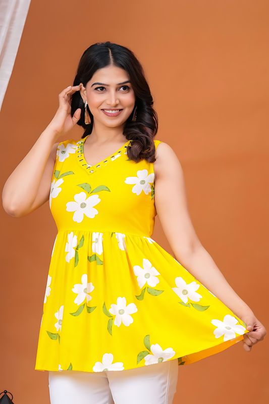 Women's Yellow Floral Sleeveless V Neck Casual Top