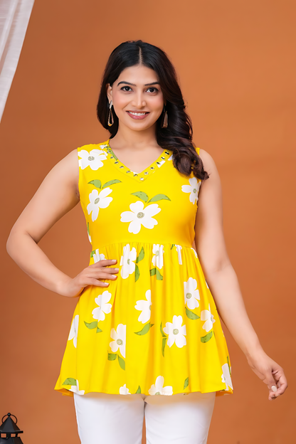 Women's Yellow Floral Sleeveless V Neck Casual Top