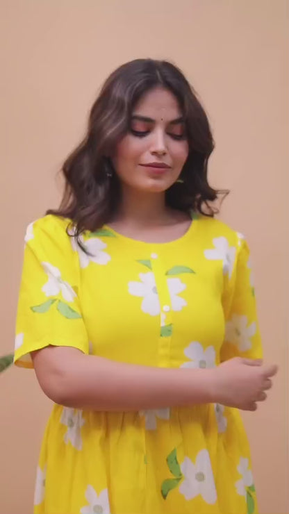 Noor Startup Women's Yellow Rayon Floral Print Tiered Midi Dress | Casual Summer Boho Dress with Short Sleeves & Round Neck | Women Yellow & White Floral Printed Rayon A-Line Tiered Dress | Summer Casual One-Piece Midi Dress