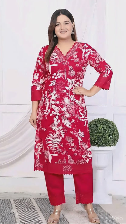 Women's Rayon Embroidered Lace Work Red Kurti & Pant Set