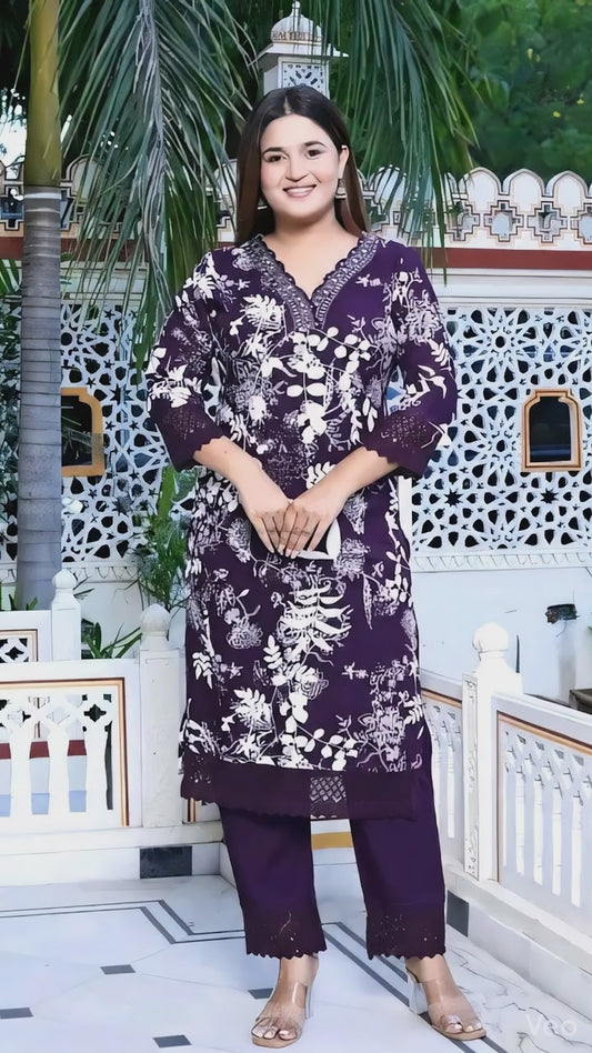Women's Rayon Embroidered Purple Kurti & Pant Set